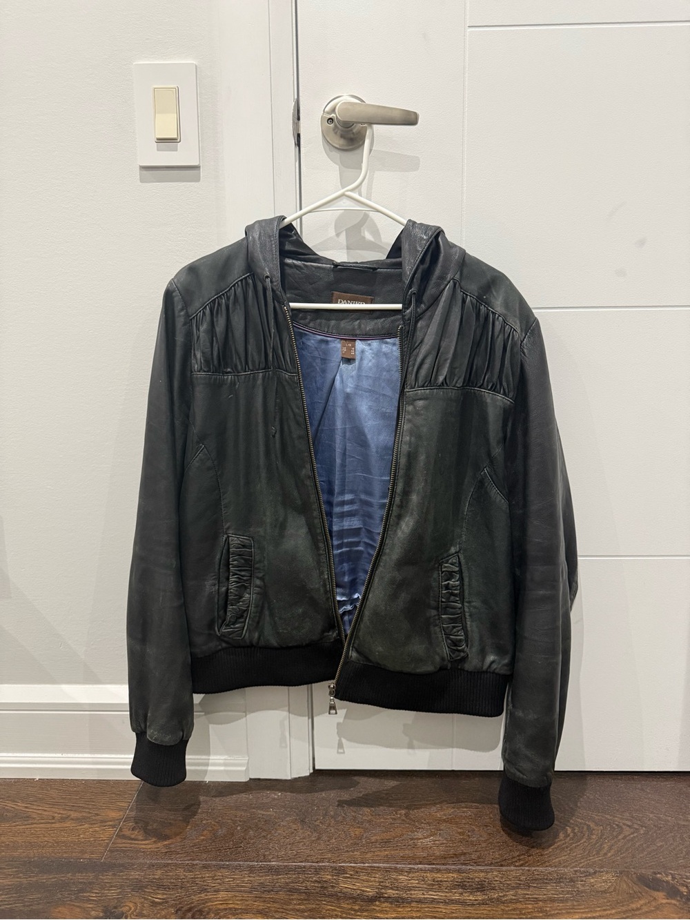 Danier Black Leather Bomber Jacket with Hood
